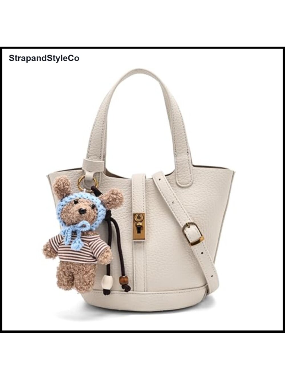 Mini Bucket Tote Bag Pebbled PU Leather Crossbody with Lock & Charm